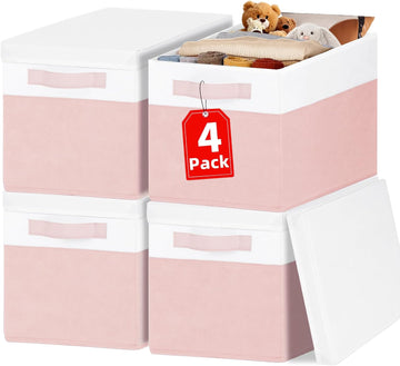 Large Closet Organizer Bins with Lids 4 Pack - 23 QT Collapsible Decorative Storage Boxes with Lids - Clothes Storage