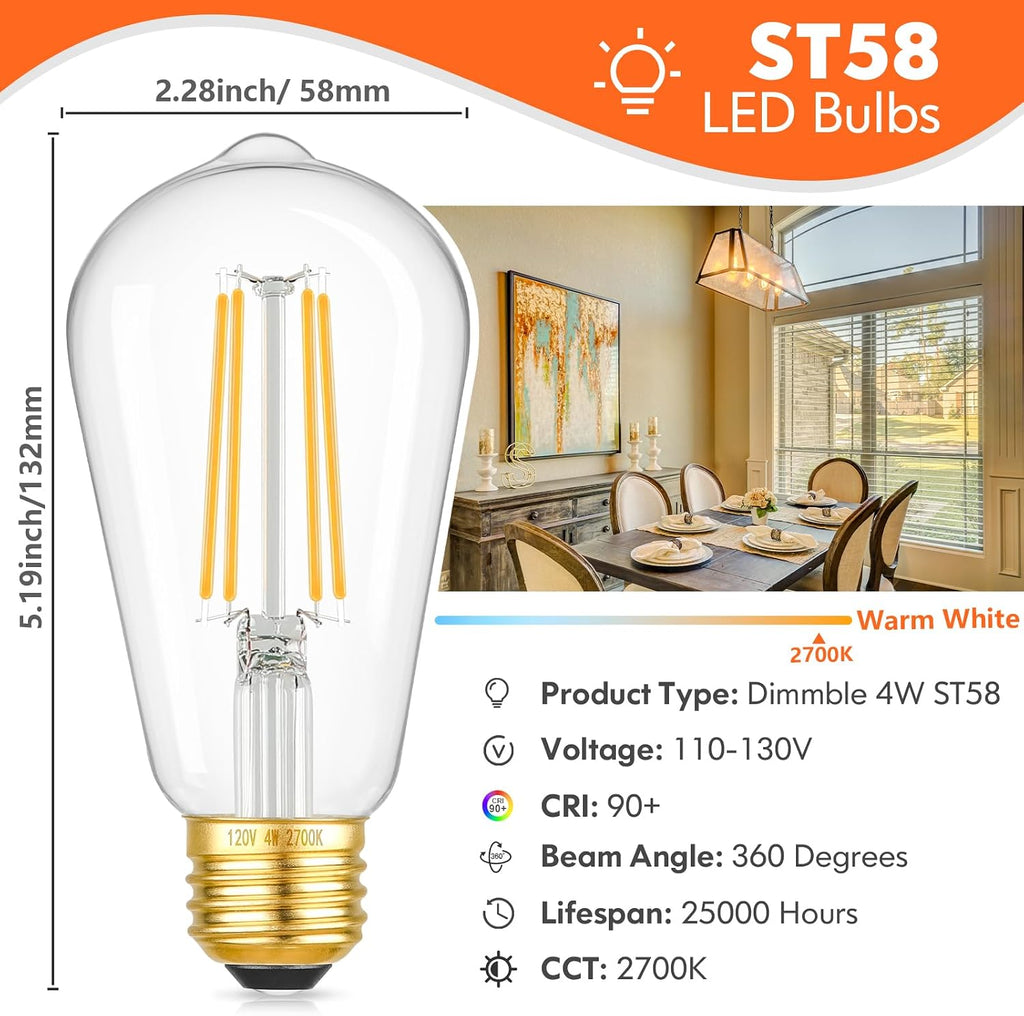 Dimmable Vintage LED Edison Bulbs, 4W 40W Equivalent LED Bulbs, ST58 Antique LED Filament Bulbs, 2700K Warm White LED