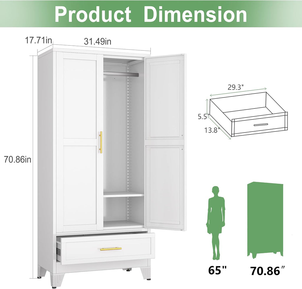 71" H Metal Armoire Wardrobe Closet with Drawer, Adjustable Shelf, Clothes Drying Pole, Clothes Storage Closet (White)