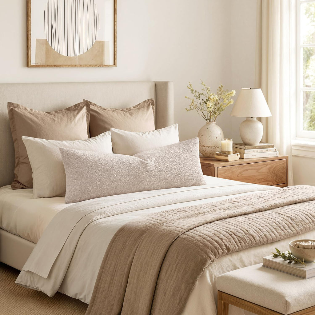 Textured Boucle Throw Pillow Cover Beige Accent Solid Lumbar Pillow Case Decorative Soft Pack of 1 Couch Cushion