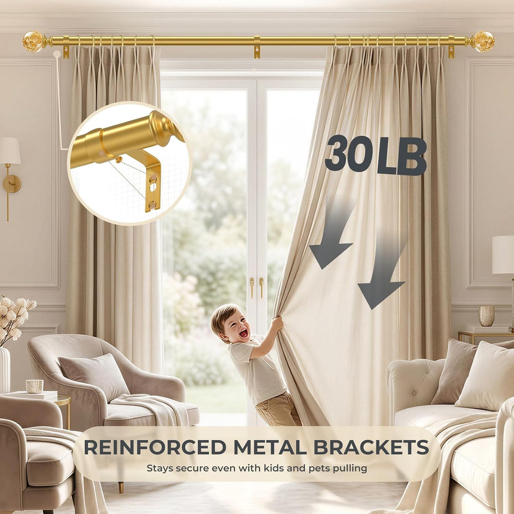 Gold Decorative Crystal Curtain Rods,1" Heavy Duty Adjustable 18-45"