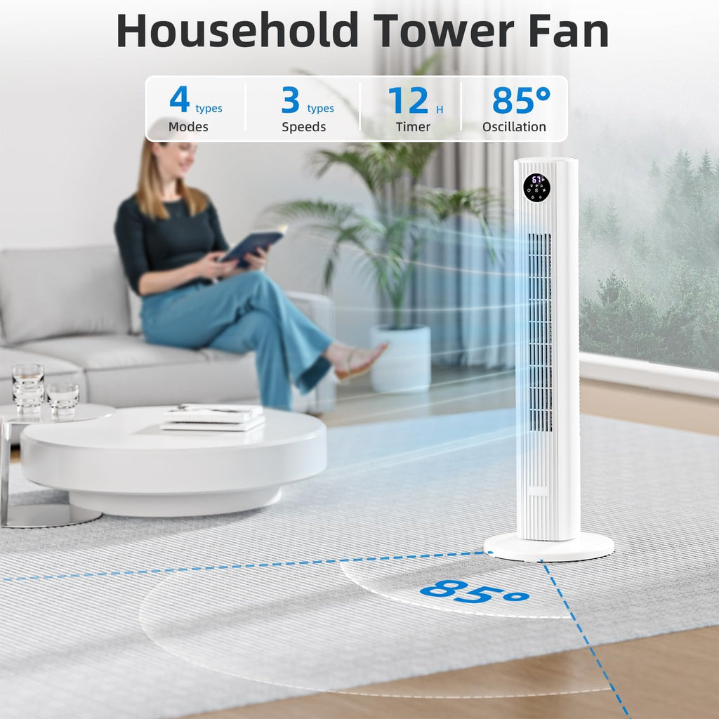 Tower Fan 25ft/s Standing Fan 85° Oscillating Fan with Remote, 3 Speeds, 4 Modes, 12H Timer, Portable Bladeless Floor