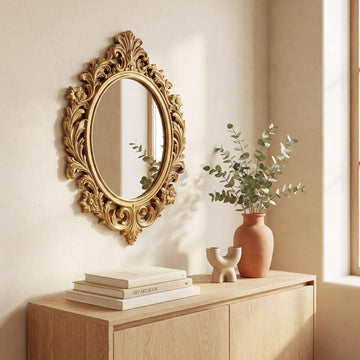 Vintage Ornate Wall Mirror, Baroque Carved Decorative Frame, Distressed Antique Gold Finish, Classic