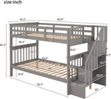 Stairway Bunk Bed with Storage Shelves, Twin Over Twin Wooden Bunk Bed Frame with Full-Length Fence
