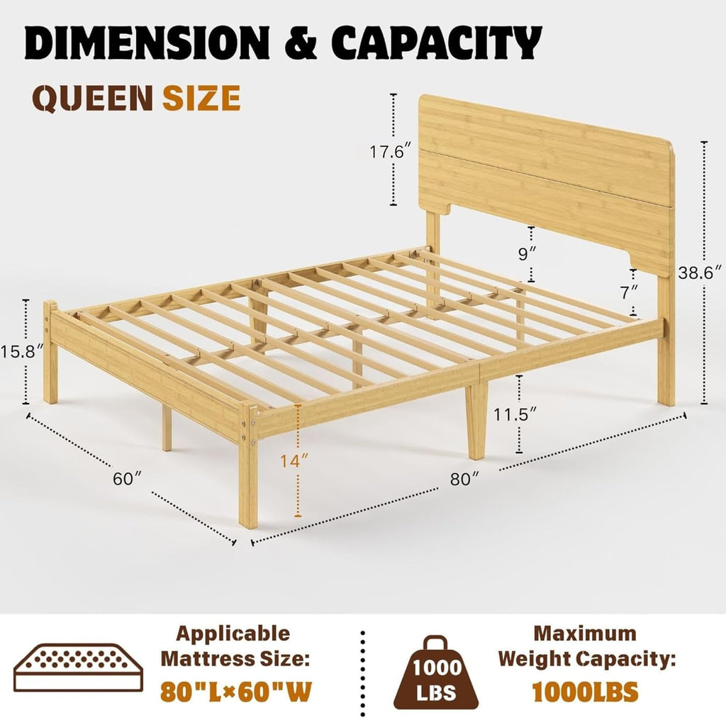 14 Inch Solid Bamboo Wood Queen Bed Frame with Headboard, Platform Bed Frame Queen with Metal Slats, No Box Spring