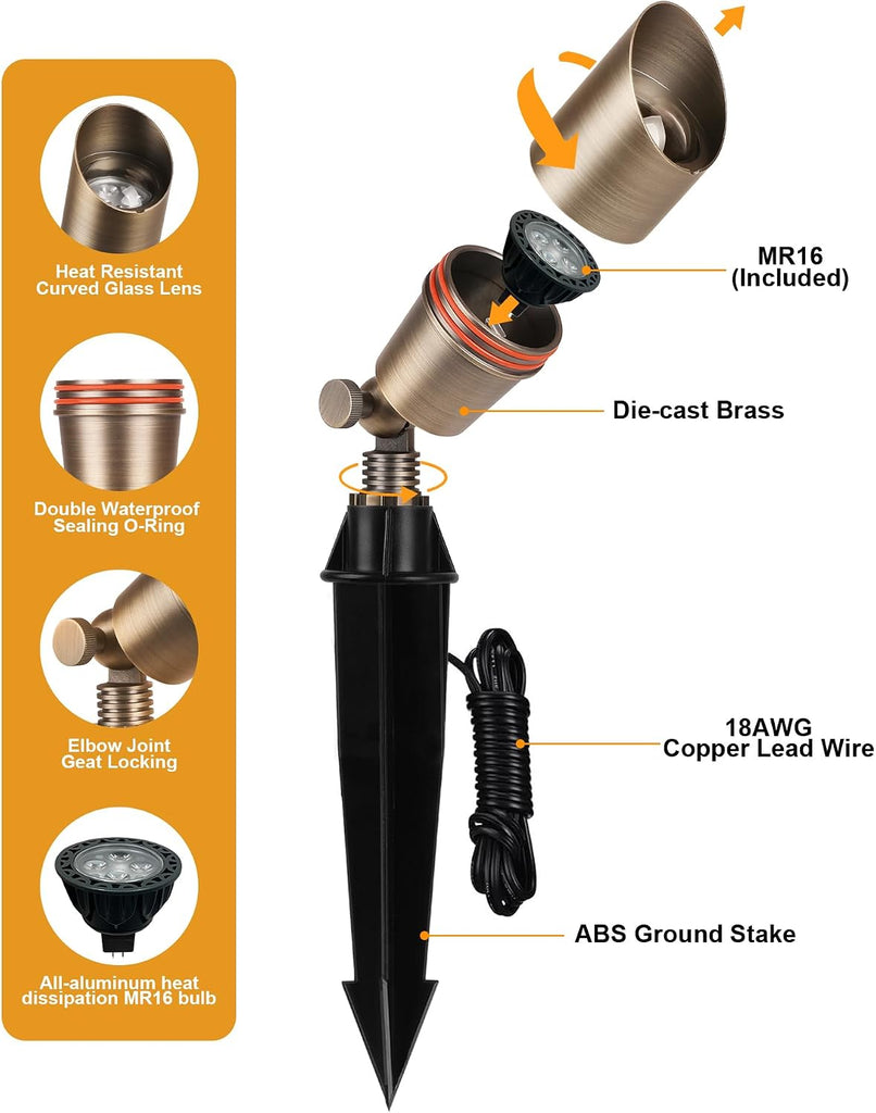 Solid Brass Low Voltage Landscape Lighting, Wired 12V LED Landscape Spotlights with Aluminum Housing MR16 Bulb, Heavy