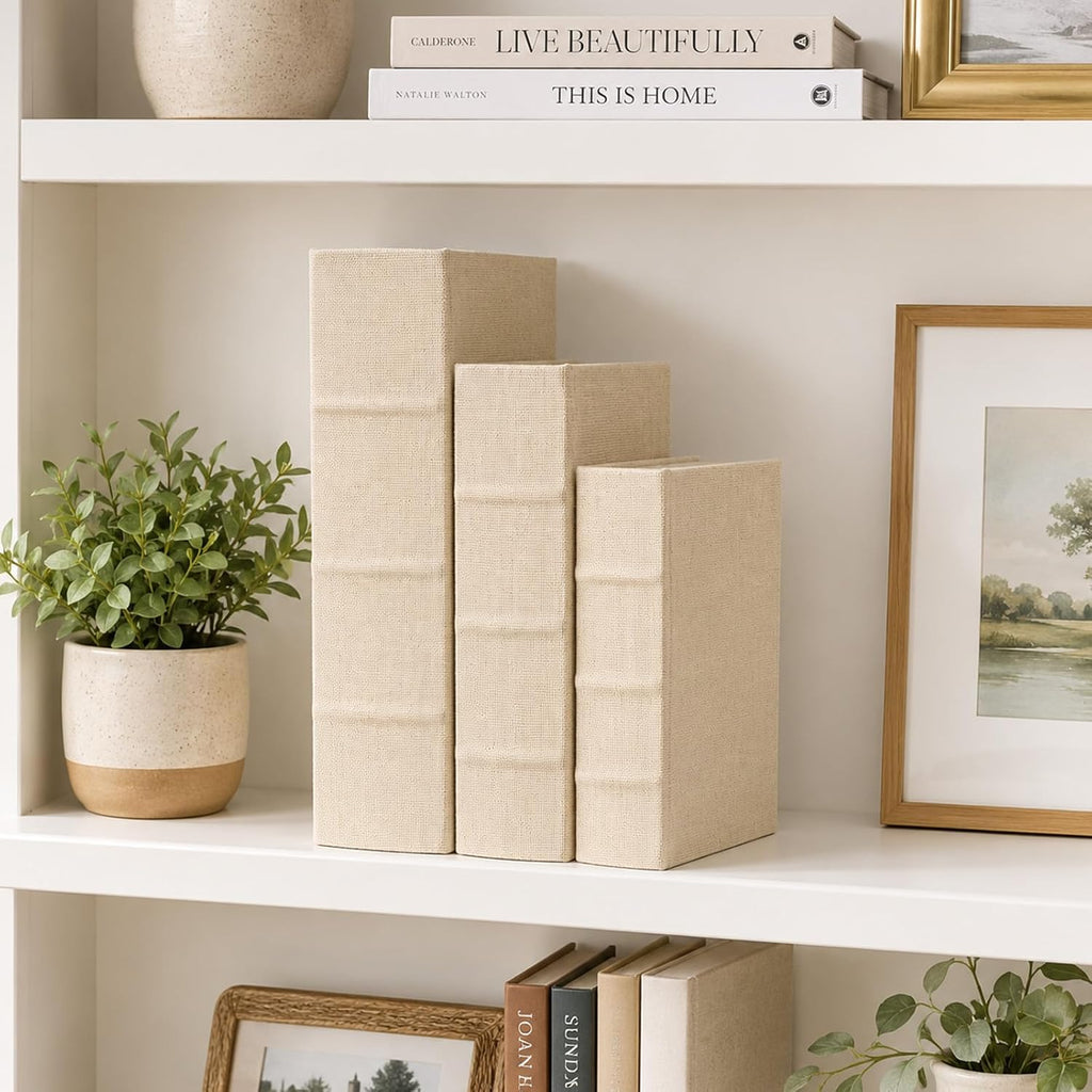 Decorative Book Boxes Set of 3 - Modern Faux Linen & Wood Hidden Storage for Coffee Table - Stackable Fake Books for