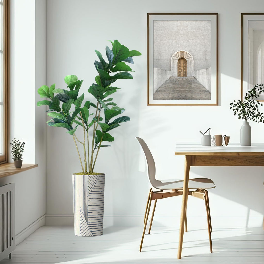 Artificial Tree in Geometric Pattern Planter, Fake Ficus Lyrata Silk Tree for Indoor and Outdoor Home Decoration