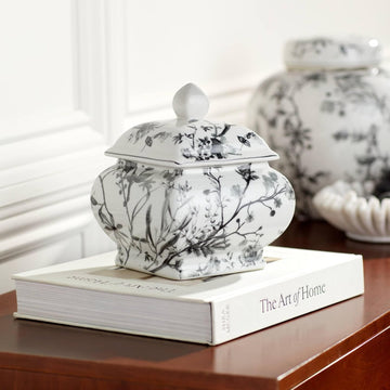 Prentiss 7 1/4" High Black and White Cottage Core Ceramic Ginger Jar with Lid