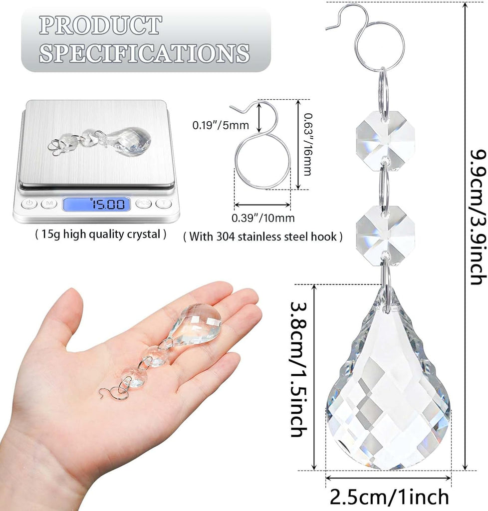 24 Pcs 38mm Clear Crystal Teardrop Pendants with Hook, Chandelier Prisms Replacement Parts