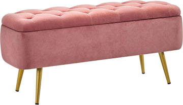 43in Velvet Storage Ottoman Bench End of Bed, Pink | Button-Tufted Ottoman Bench with 1.9C Storage Space, Tapered