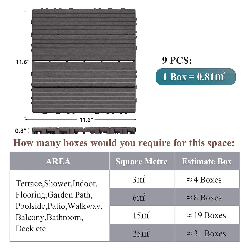 9 PCS Interlocking Deck Tiles, 12''X 12'' Plastic Patio Flooring Outdoor Waterproof Floor Deck Tiles for Balcony Porch