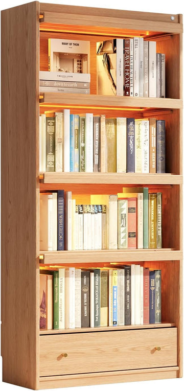 73" H Tall Solid Wood Bookcase with Flip-Up Tempered Glass Doors and 3 Color Led Lights,4 -Tier Wooden Bookshelf with