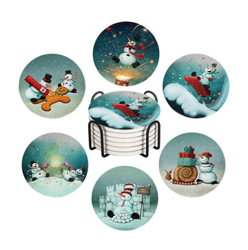 Drink Coasters for Drinks Set of 6, Christmas Crazy Snowman on Snowy Hill Absorbent Round Ceramic Stone Mat Coaster