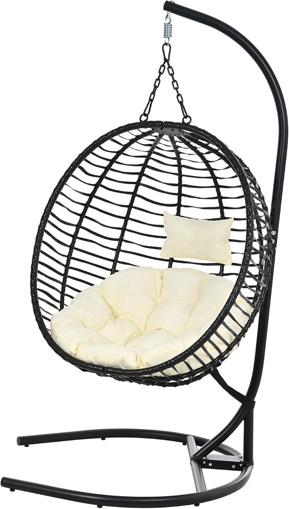 Indoor Outdoor Egg Chair with Stand, Foldable Egg Swing Chairs with Comfy Cushion/Removable Headrest/Adjustable Feet