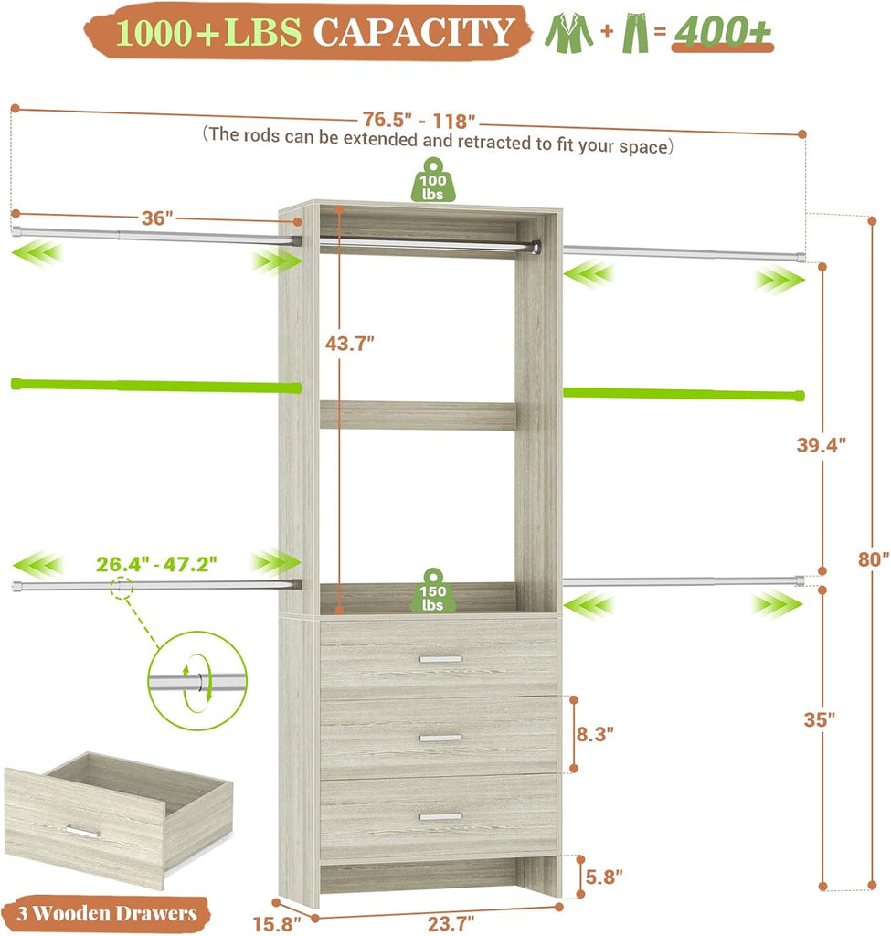 Closet System, Closet Organizer with 3 Wooden Drawers, Closet Organizer System, Walk-in Closet Wardrobe Clothes Rack