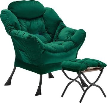 Lazy Chair with Folding Ottoman, Accent Chair Velvet Upholstered with Metal Structure and Non-Slip Pads, Sofa