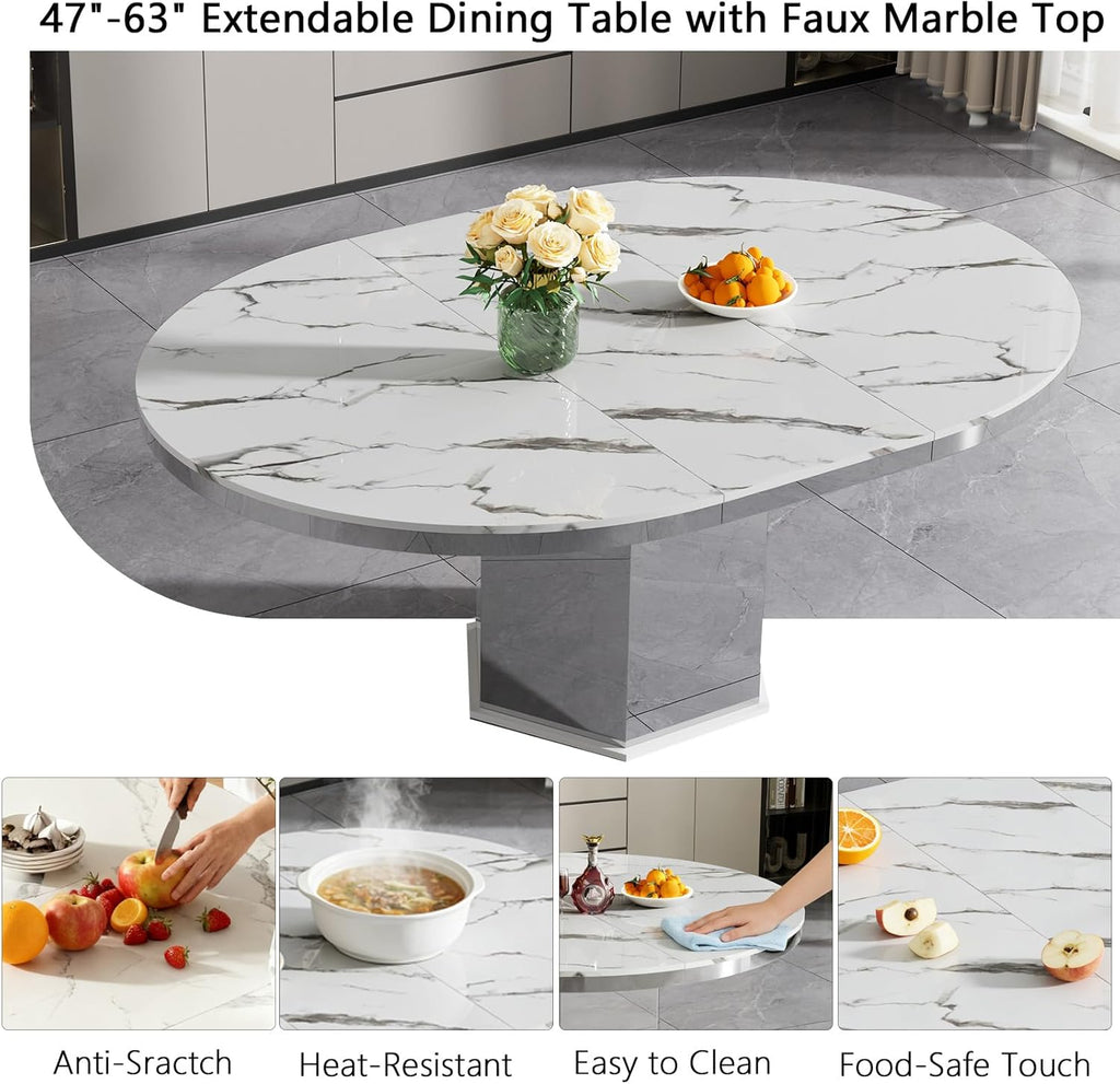 Modern 47"-63" Round White Faux Marble Extendable Dining Table for 4-6, Luxury Round Dining Room Table, Kitchen