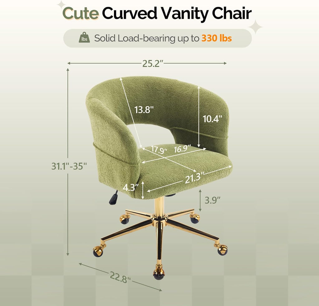 Modern Curved Office & Vanity Desk Chair, Cute Upholstered Nail Chair with Wheels & 360° Swivel & Club & Tilting & Gold Base, for Bedroom, Living Room, Makeup, Velvet Chenille, Green