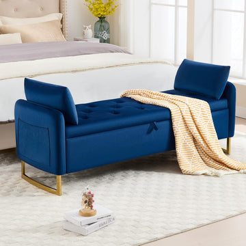 65" Storage Bench , Velvet End of Bed Bench, King Size Bed Benches for Foot with Tufted Button and Gold Legs