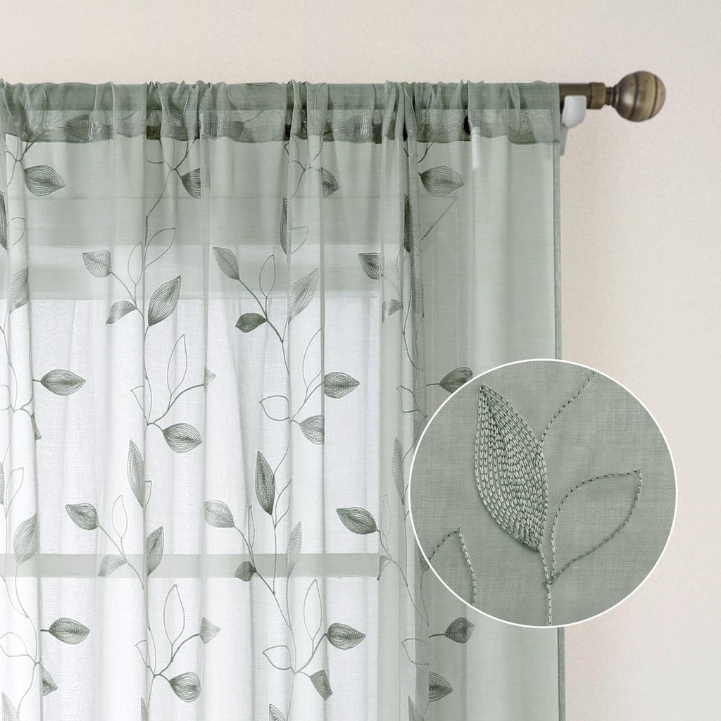 Sage Green Kitchen Curtains Leaf Embroidered, 52x54, 2 Panel