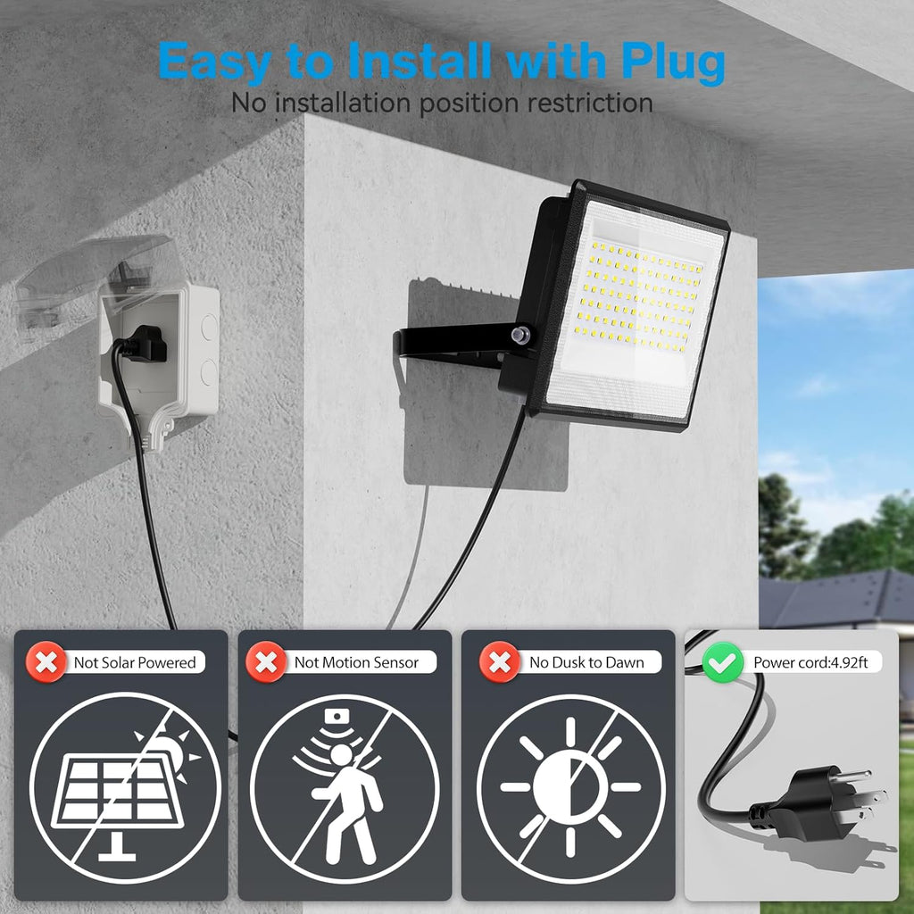 2 Pack 150W LED Flood Light Outdoor, 15000LM Super Bright Work Lights Plug in, 6500K, IP66 Waterproof Exterior