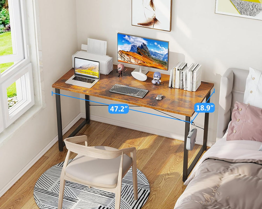 48 Inch Small Computer Desk, Study Writing Table for Small Spaces, Simple Modern Desk with Headphone Hooks, Rustic Brown