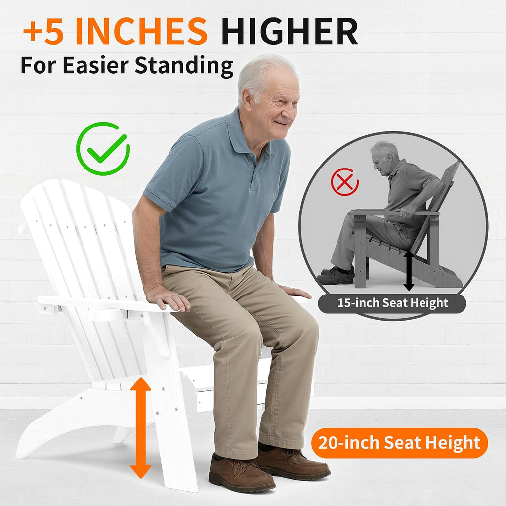 Oversized Adirondack Chairs with Cup Holder, White | Poly Lumber Patio Chairs,350Lbs Support, All Weather Patio