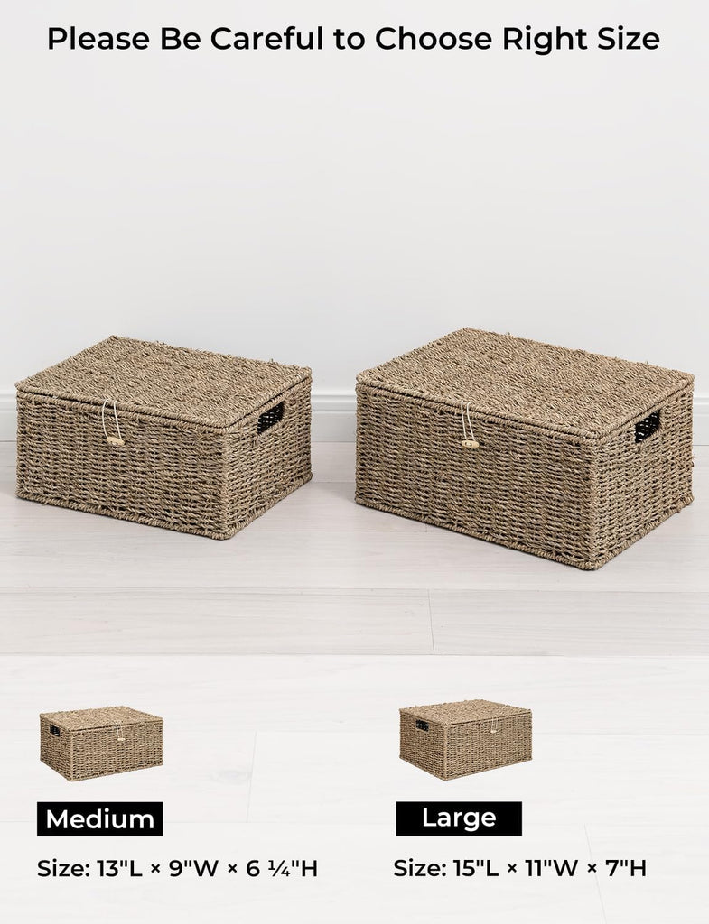 Seagrass Wicker Baskets for Organizing, Large Wicker Basket with Lid, Decorative Basket with Built-in Handles