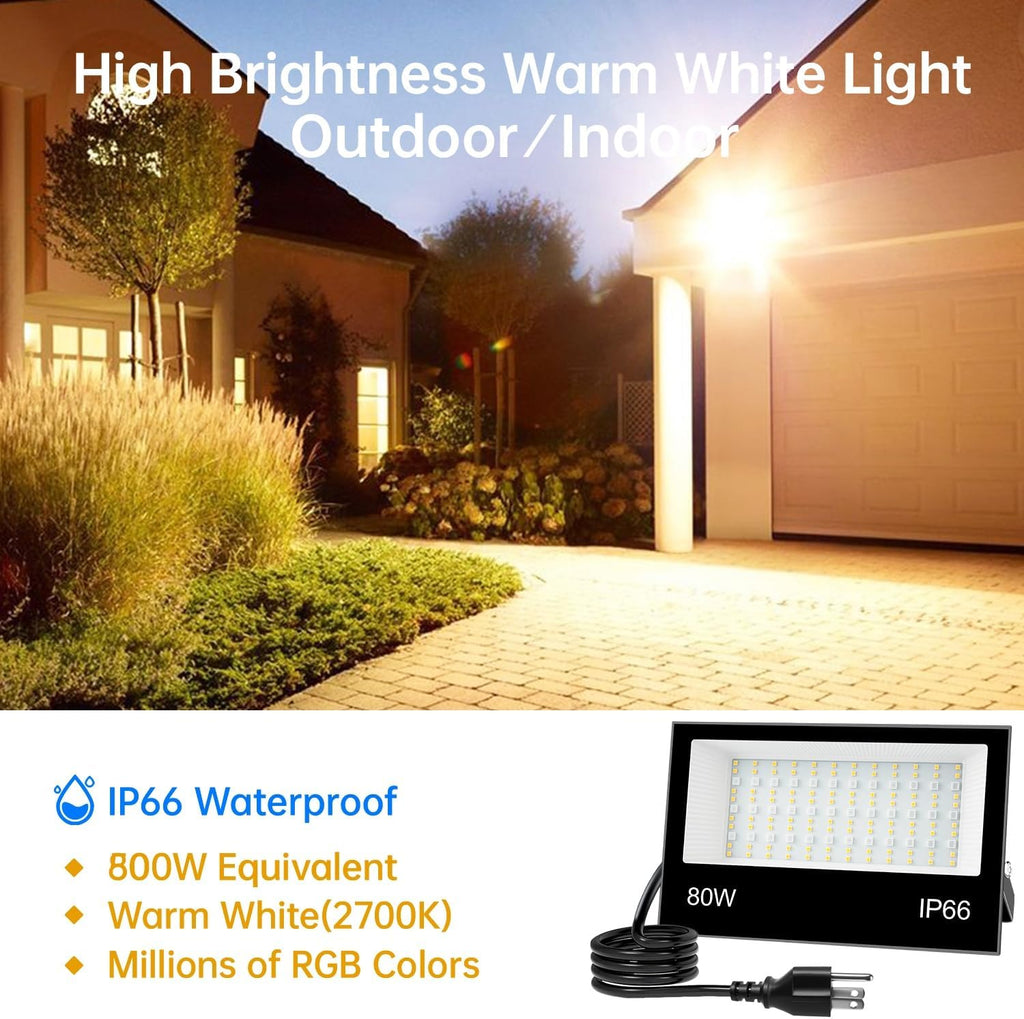 LED Flood Light Outdoor, 80W RGB Color Changing Smart Floodlights 2700K 8000LM Warm White & 16 Million Colors, RGBW
