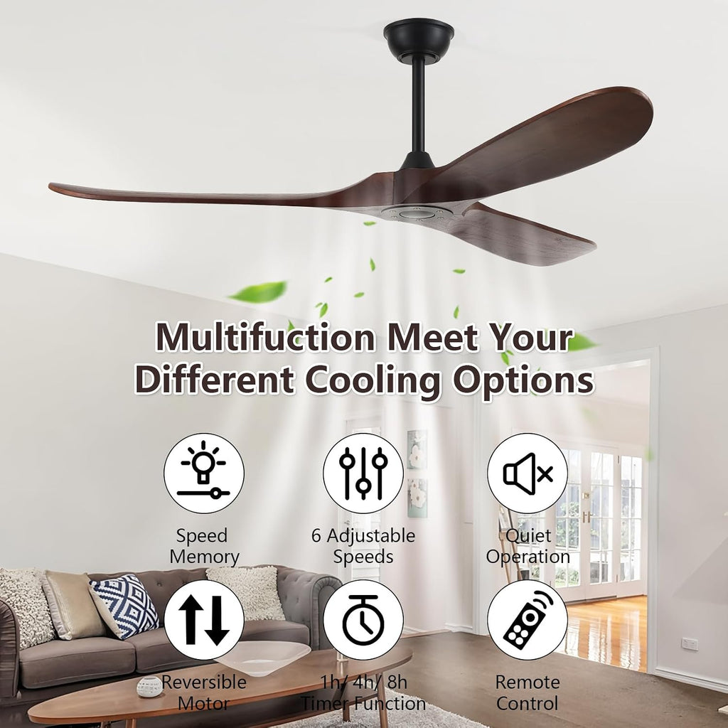 60'' Solid Wood Blades Ceiling Fan without Light,Quiet and Large Airflow with Speed Memory Function