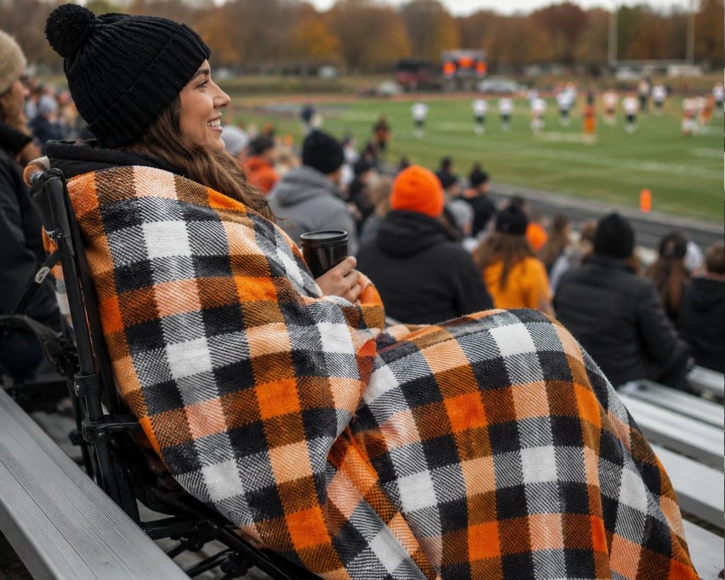 Fall Soft Fleece Throw Blanket, Orange Black White Plaid, 50x70 Oversized