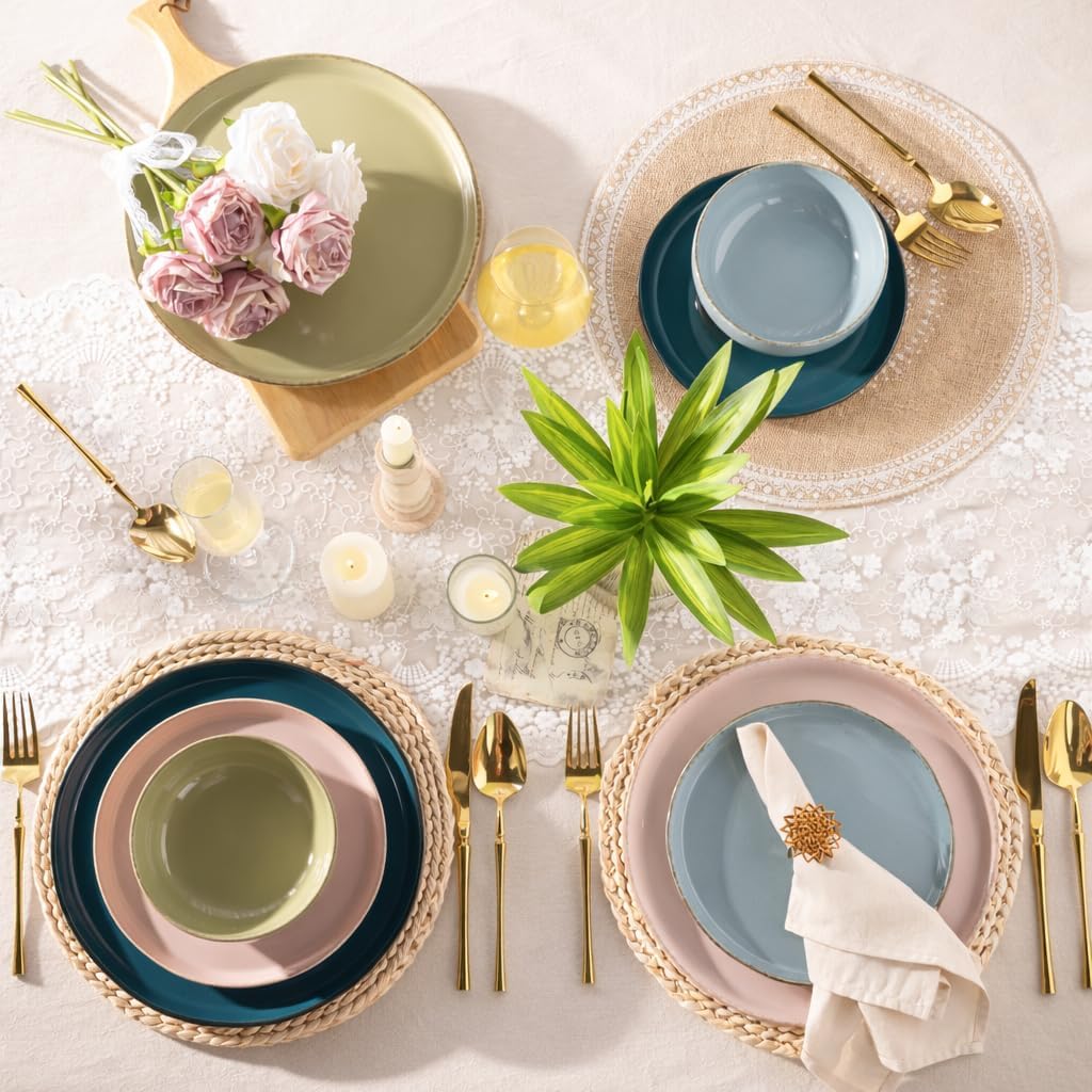 Ceramic Dinnerware Sets for 4, 12 Pieces Handpainted Plates and Bowls Set with Rustic Terracotta Underside