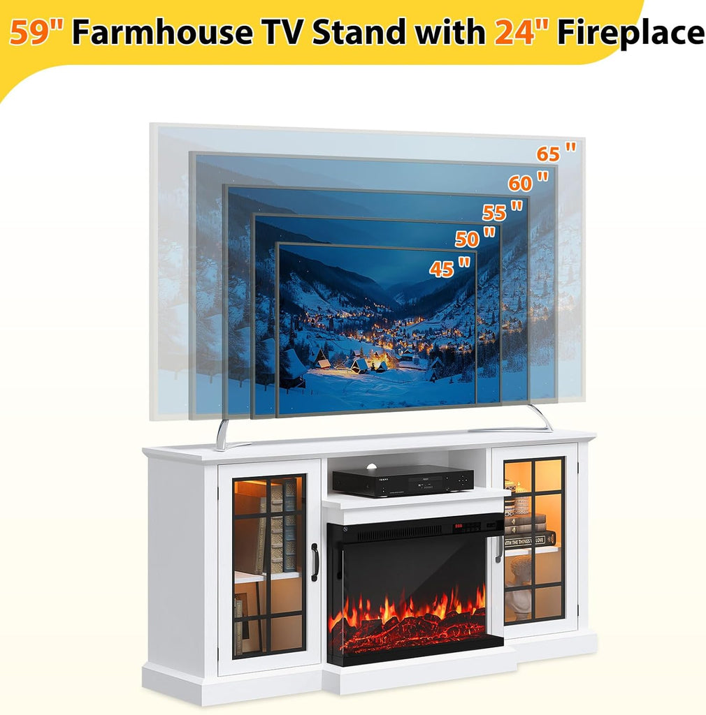 59'' TV Stand, 3 Sided Glass Media Entertainment Center Console Table for TVs up to 65'' with Glass Door, Adjustable