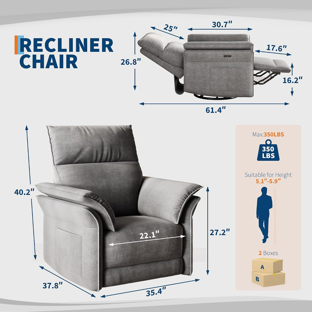 Power Recliner Glider Chair with Smooth Swivel and Rocking Motion Adjustable Recline USB Charging Port Premium