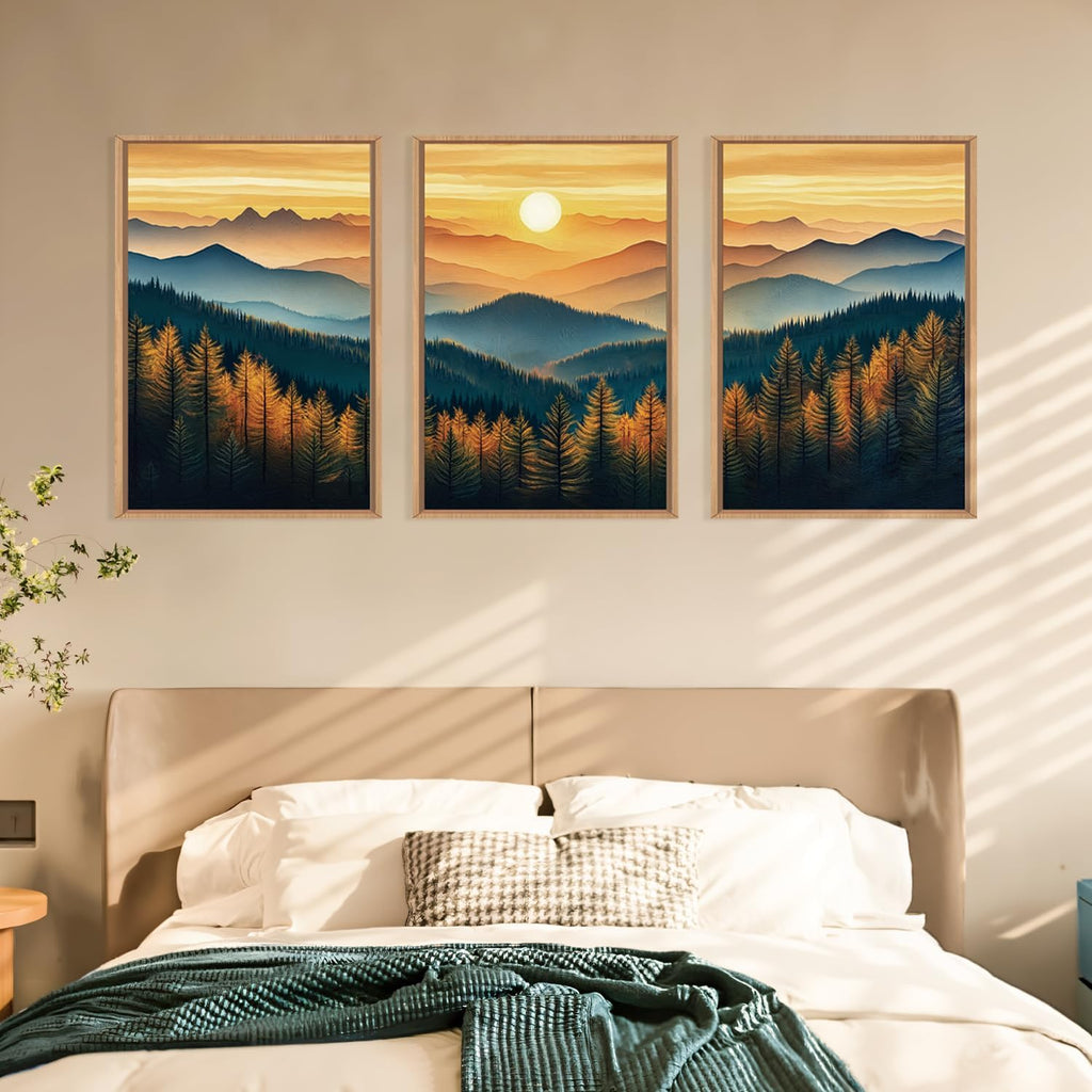 Large Boho Sunrise Mountain Framed Canvas Wall Art,Abstract Nature Forest Wall Decor,Foggy Pine Tree Painting,Retro