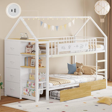Twin Bunk Bed for Kids with 6 Storage Drawers, Montessori Bookshelf