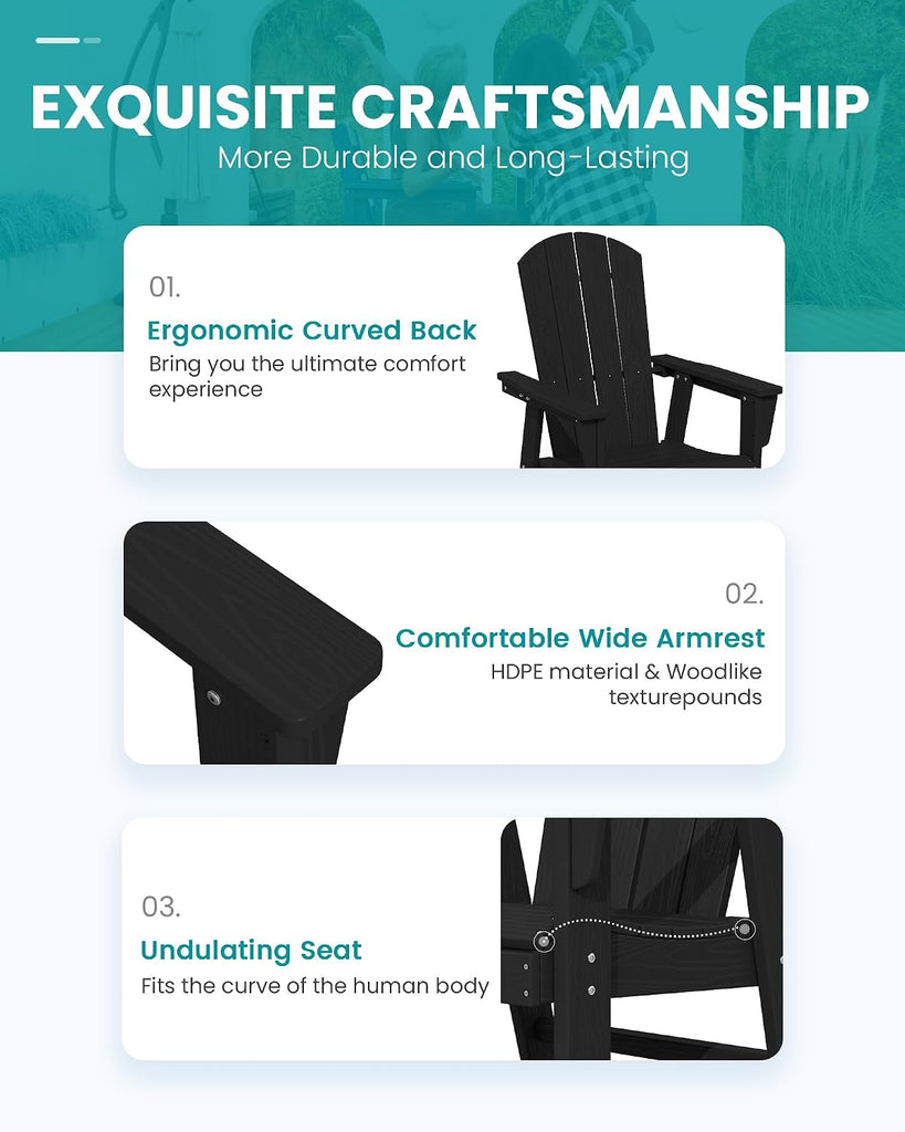 Outdoor Adirondack Dining Chair Set of 2, All Weather HDPE, Black