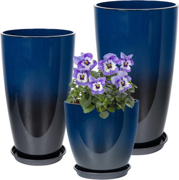 Set of 3 Tall Planter, 24/21/12in Large Planter, Dark Blue | Ceramic-Look, Lightweight, Built-in Drain Hole, Saucers