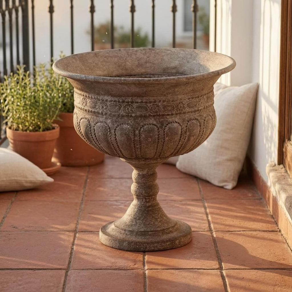 Outdoor Trophy Vase Garden Urn Planter Pedestal Pottery Decorative Container Iron Construction Textured Stone Like