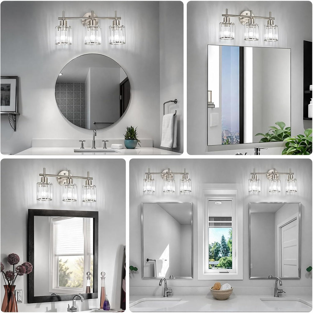 Brushed Nickel 3-Light Crystal Bathroom Vanity Light Fixtures, Round | Vanity Lights , Modern Bathroom Lighting