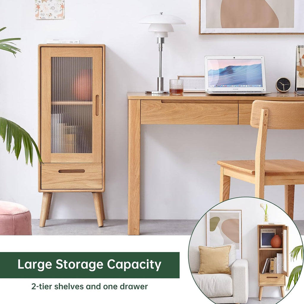 100% Solid Wood Small Storage Cabinet, Pantry Cabinets Storage with Shelves and Drawer, Accent Cabinet with Glass