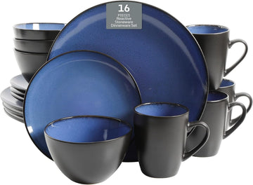 Soho Lounge Round Reactive Glaze Stoneware Dinnerware Set, Service for 4 (16pc), Blue, Soho Round