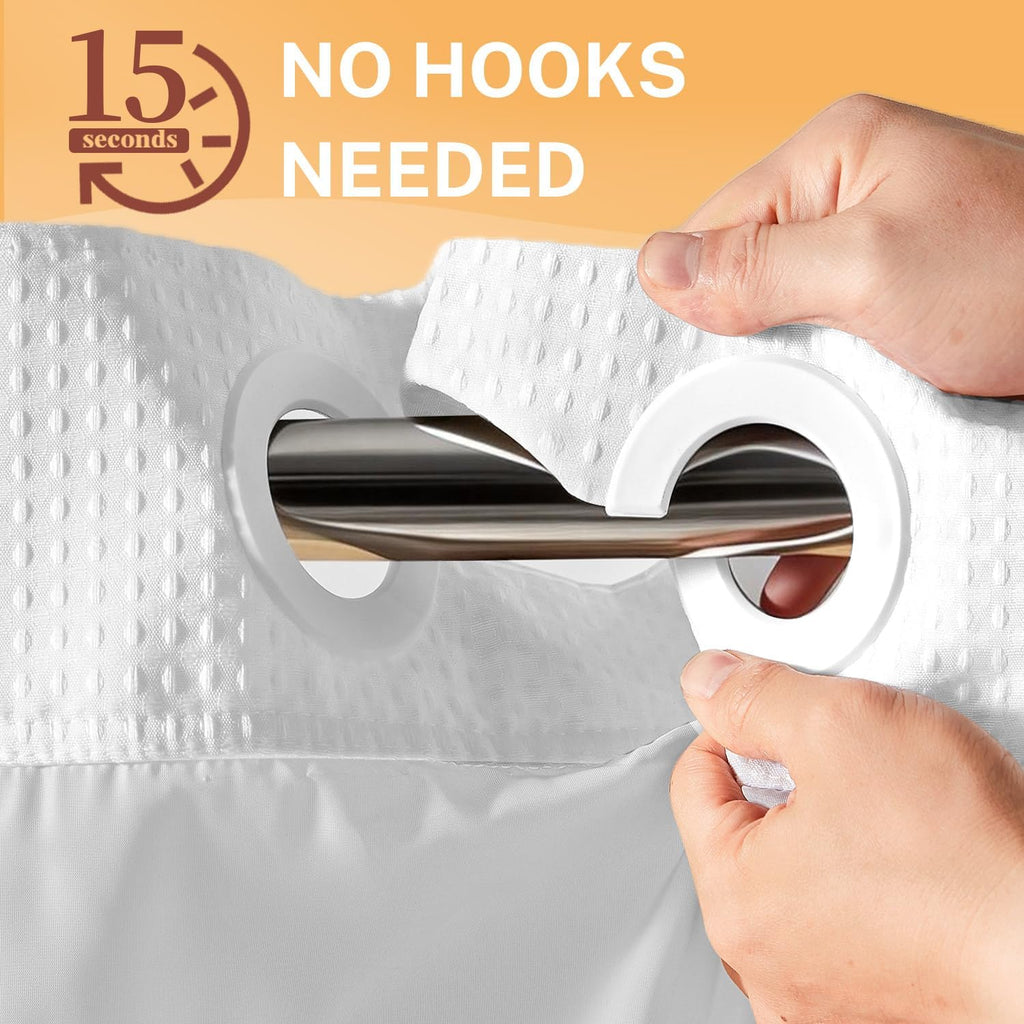 No Hooks Shower Curtain with 2 Snap in Liner, White, 71Wx74H | Waffle Weave, 1 Attached Snap in Liner and 1 Extra