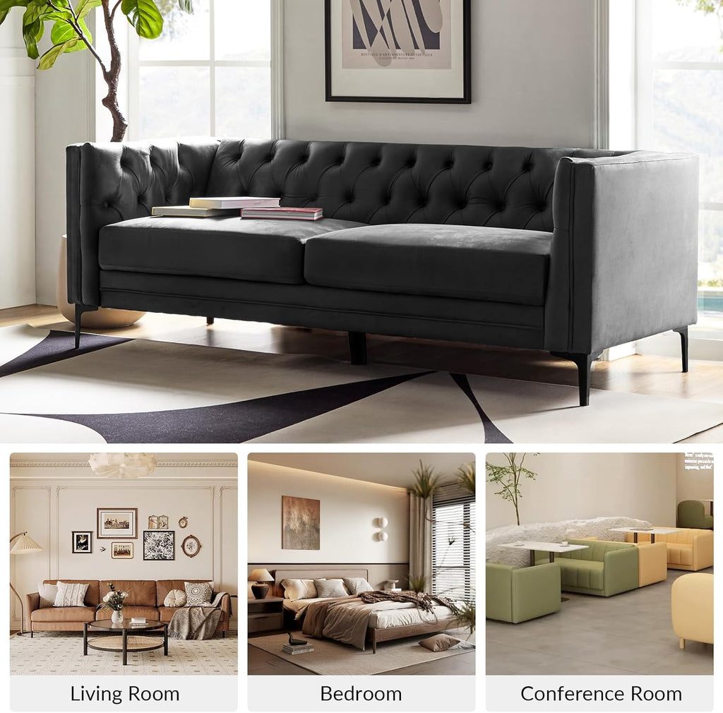 HOME 84" W Faux Leather Sofa Couch with Metal Legs, Button-Tufted 3-Seater Sofa