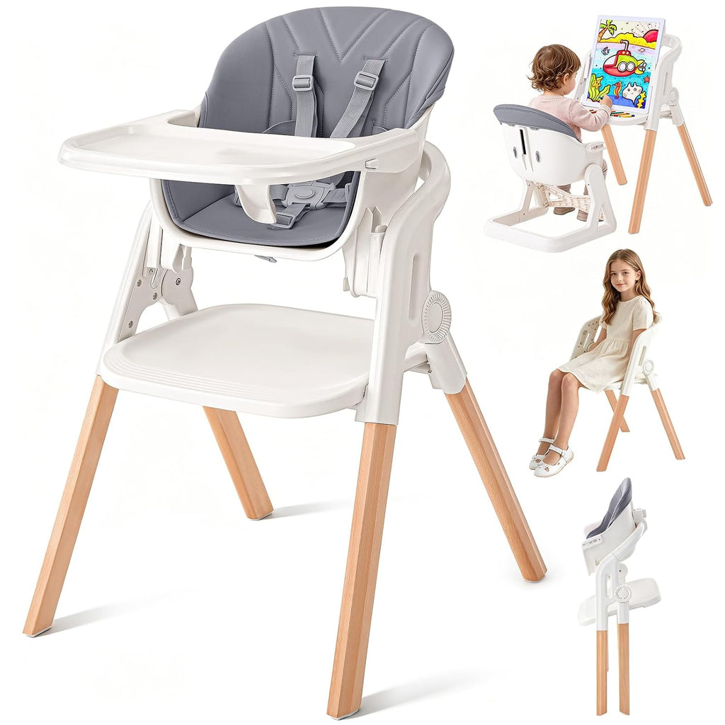 Foldable Baby High Chair, 4-in-1 Convertible Wooden Baby Highchairs (Beige)
