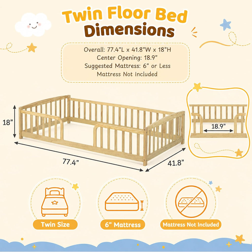 Twin Floor Bed with Rails, Pine Wood Montessori Bed with Central Entrance & Round Corner Design, Montessori Floor