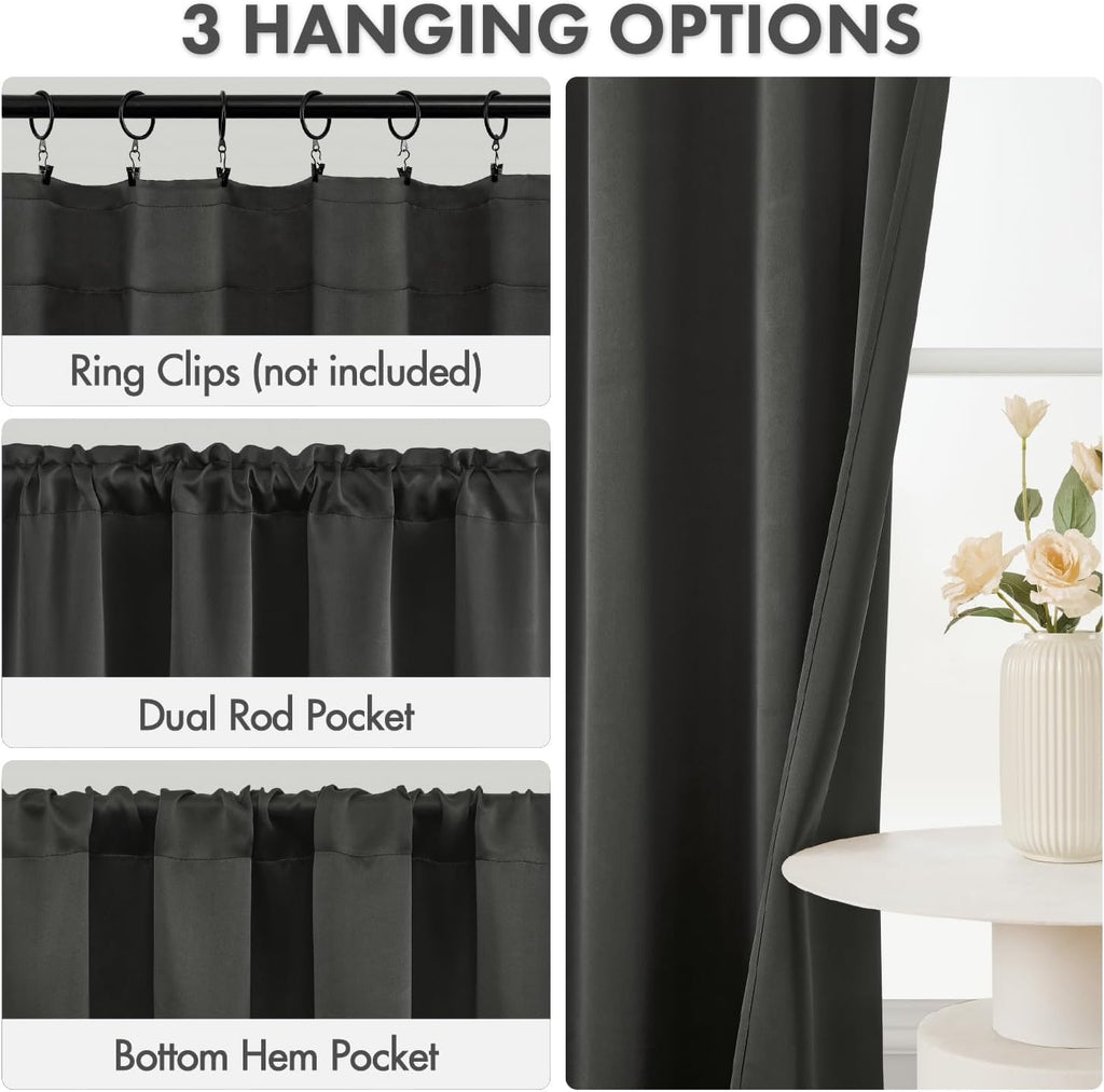 Blackout Curtains 4 Panels Sets Dark Grey, Top and Bottom Rod Pocket Room Darkening Curtains