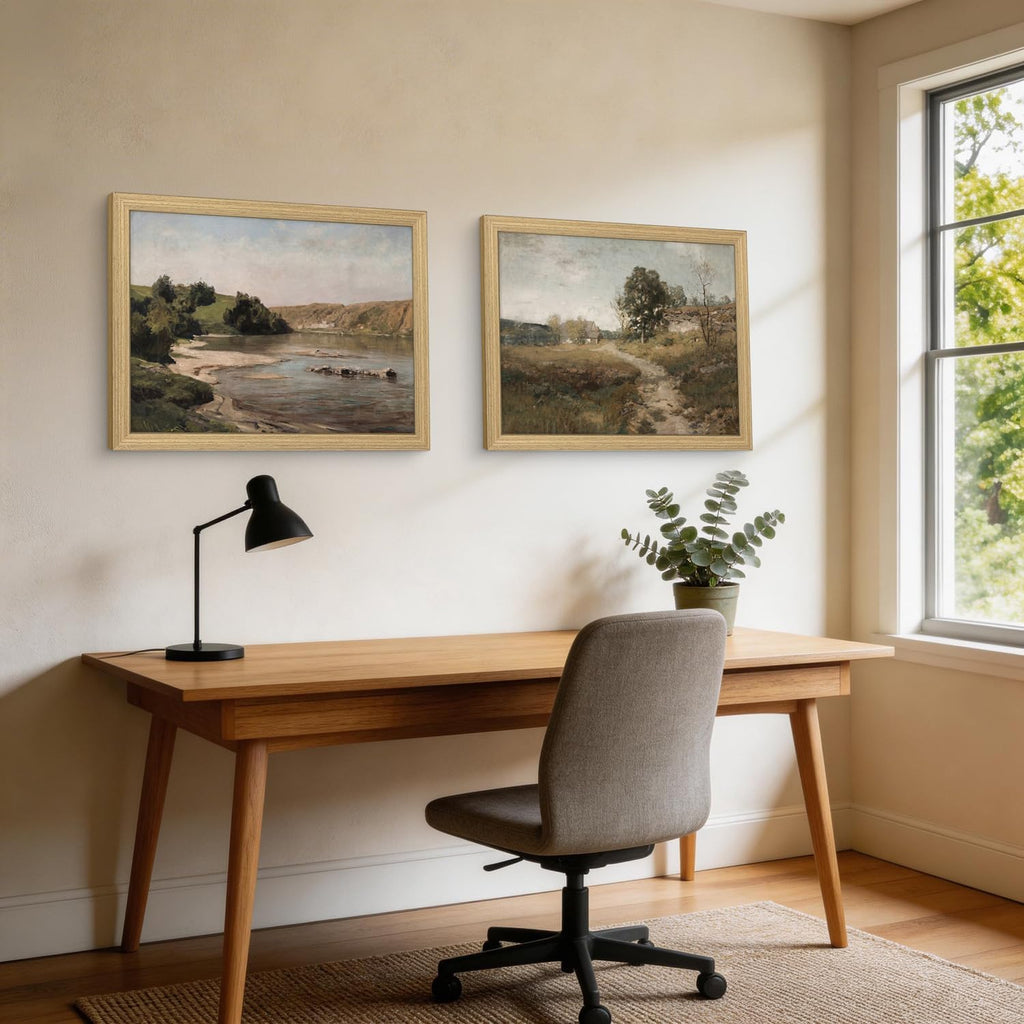 Framed Vintage Landscape Canvas Wall Art 2Pcs Rustic Prints Countryside River Artwork Gallery Style Posters Pictures
