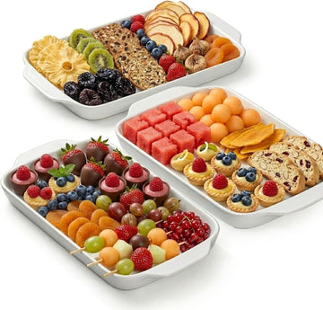 Large Serving Platter with Handles 16"x9" - White Porcelain Serving Trays Set of 3, Rectangular Platters for
